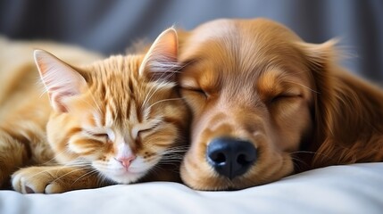 Adorable cat and dog snuggled up together, enjoying a restful slumber on a pristine white carpet