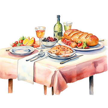 Gedeckter Essenstisch Aquarell Servierung Sommerliche Tafel Esszimmer M&ouml;bel Illustration Handgemalt Tischkultur K&uuml;chendekor Wandkunst Stilvolles Zuhause Design