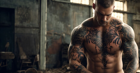 Fototapeta na wymiar Sporty body man with tattoo. Generative AI