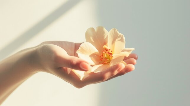 Hand holding a delicate flower generative ai