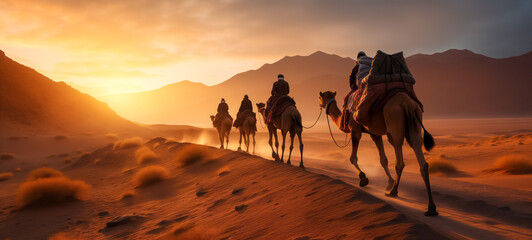 Caravan trekking through desert dunes at golden sunset