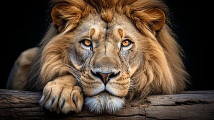 Fototapeta premium Majestic and powerful lion with a bright and intense gaze, isolated on a dramatic black background