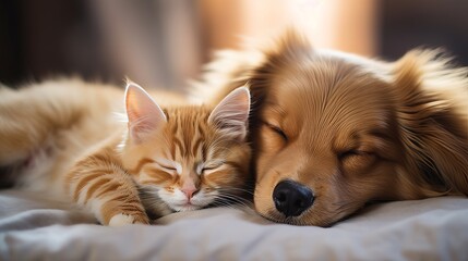 Fototapeta na wymiar Endearing moment of a cute cat and dog peacefully napping side by side on a cozy white carpet
