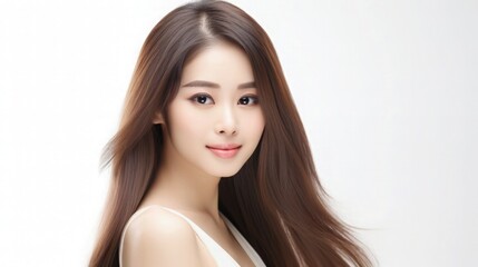 Fototapeta premium Beautiful Asian Woman Portrait Studio Photo Photography Profile Picture Young Model with Long Hair for Fashion Beauty Skincare Haircare Products on White Light Color Background 16:9