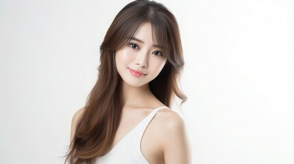 Beautiful Asian Woman Portrait Studio Photo Photography Profile Picture Young Model with Long Hair for Fashion Beauty Skincare Haircare Products on White Light Color Background 16:9