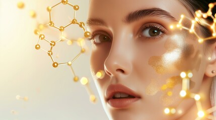 Beautiful woman portrait gold hydrating serum molecules structure on the face, light background.