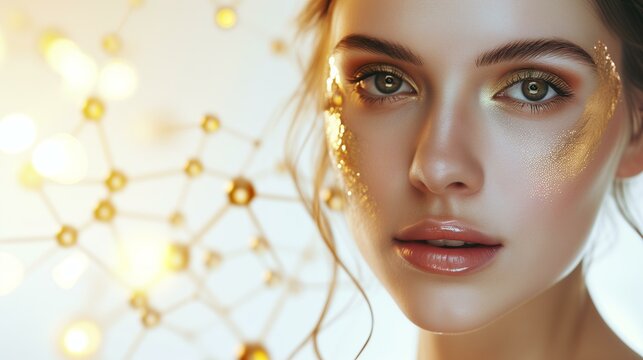Beautiful woman portrait gold hydrating serum molecules structure on the face, light background.