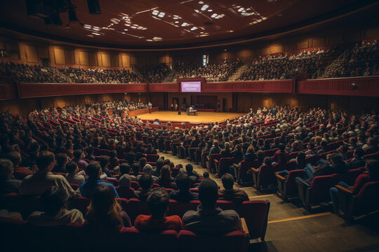 A top-down view of a university auditorium during a guest lecture by a renowned expert, capturing the enthusiasm and engagement of students in an academic discourse.