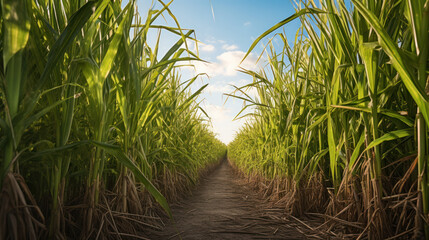 Sugarcane field at sunset. sugarcane is a grass of poaceae family. it taste sweet and good for health. - obrazy, fototapety, plakaty