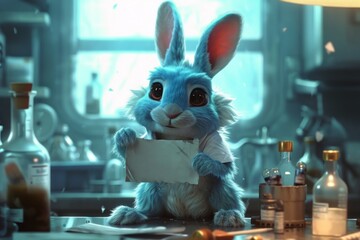 rabbit sits on a table in front of a background of shelves with bottles, holding a sign with a copy space place in front of him. The atmosphere of a laboratory office