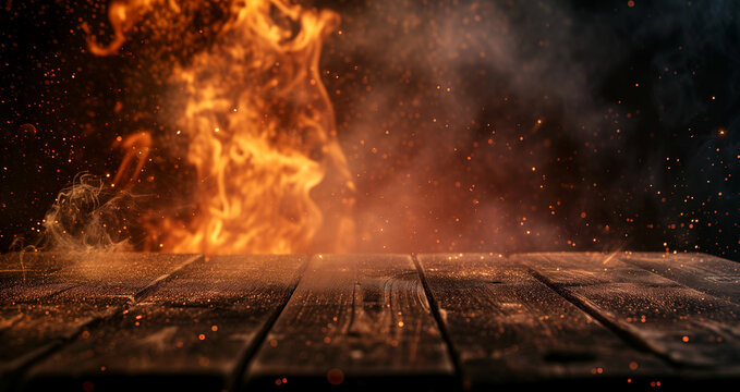 Blank wooden table with fire burning at the edge of the table, fire sparks and smoke with flames on a dark background to display products