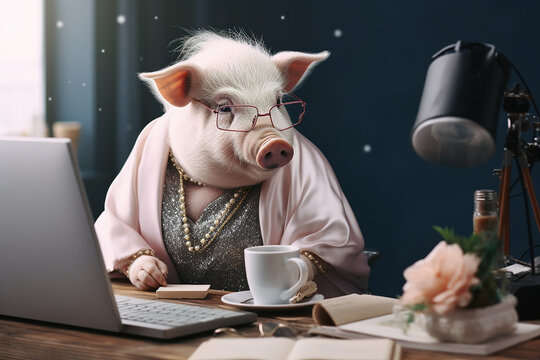 Fat pig lady office worker wearing dress and jewelry sitting behind computer desk in office