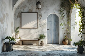 Fototapeta na wymiar Santorini style interior with bench door and blank picture frame.3d rendering