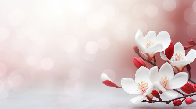 Red and white beautiful martisor spring flowers background with copy space