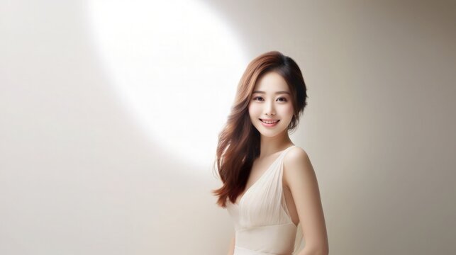 Beautiful Asian Woman Happy Bride Portrait Studio Photo Photography Profile Picture Young Model with Long Hair Concept of Bridal Wedding Dress on White Light Color Background 16:9 