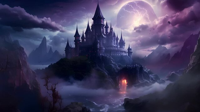 A looming black castle shrouded in a swirling purple mist with a single flickering light in its windows.