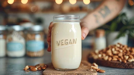 Fotobehang A glass bottle of almond milk with the label "VEGAN" on a wooden table, the container surrounded by nuts. Concept: vegan dairy products, environmentally friendly nutrition. © Marynkka_muis