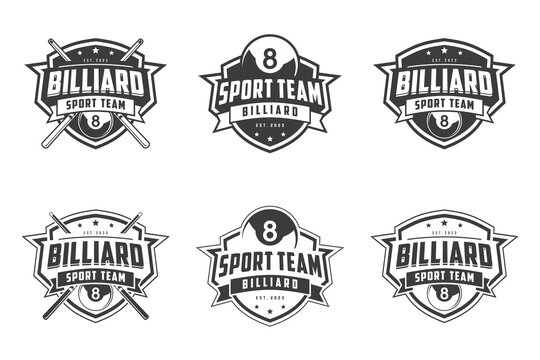 Billiard Design Logo Vector Set, Billiard Club Label Badge Sign Set Vector Concept, Monochrome logo set for billiard club