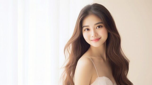 Beautiful Asian Woman Happy Bride Closeup Portrait Studio Photo Photography Profile Picture Young Model with Long Hair Concept of Bridal Wedding Dress on White Light Color Background 16:9 