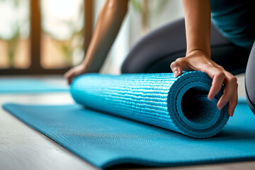 Close-up of woman roll blue yoga mat. Sport, yoga, fitness workout, active healthy lifestyle