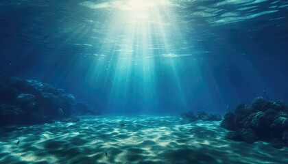 Blue ocean underwater with sunrays reaching background - obrazy, fototapety, plakaty