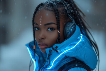 portrait of a woman, young black girl with futuristic clothes