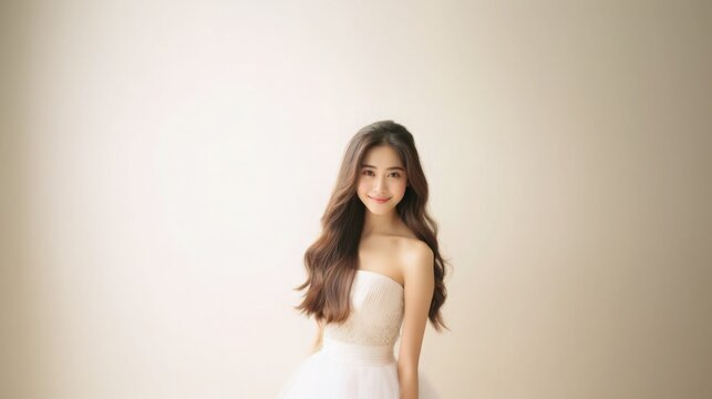 Beautiful Asian Woman Happy Bride Portrait Studio Photo Photography Profile Picture Young Model with Long Hair Concept of Bridal Wedding Dress on White Light Color Background 16:9 