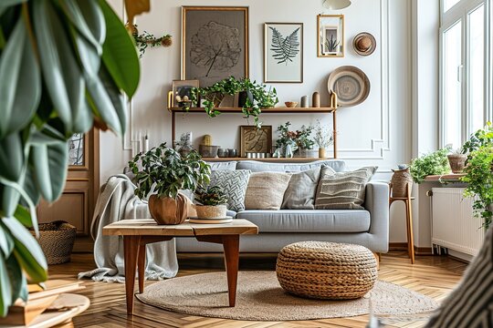 Stylish scandi compostion at living room interior with design gray sofa, wooden coffee table, shelf, cube, carpet, rattan pouf, plants, picture frame, table lamp and elegant accessories in home decor.