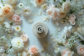 Sport background. Rolled yoga mat and beautiful white pastel flowers around. Top view