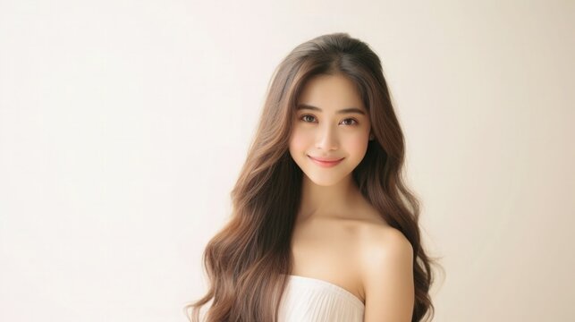 Beautiful Asian Woman Happy Bride Closeup Portrait Studio Photo Photography Profile Picture Young Model with Long Hair Concept of Bridal Wedding Dress on White Light Color Background 16:9 