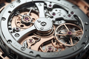 Intricate details of handcrafted mechanical watch movement, showcasing delicate gears and jewels