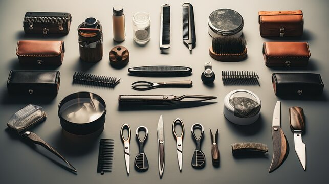 Set of classic barbershop tools, scissors, razor, brush.