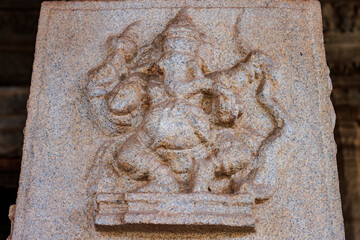 Ganesha carving on a pillar of the Hazararama temple, Hampi, Karnataka, India, Asia