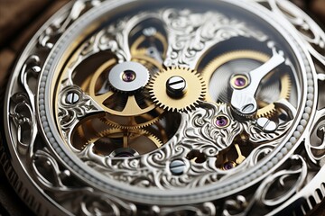 Exquisite close up of handcrafted mechanical watch movement, revealing intricate gears and jewels