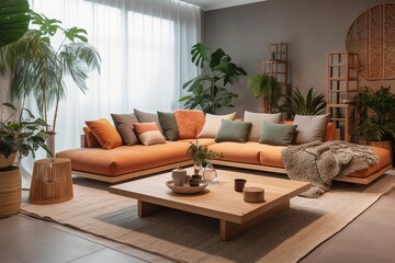 Modern interior of open space with design modular sofa, furniture, wooden coffee tables, plaid, pillows, tropical plants and elegant personal accessories in stylish home decor.