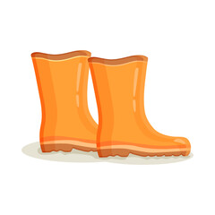 Pair of orange polka-dot high-top rubber boots for gardening and gardening. Shoe vector illustration isolated on white background.