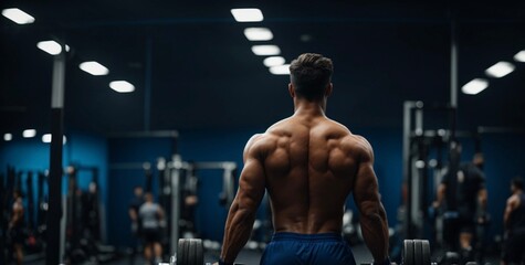 Rear view of a muscular bodybuilder doing hard training with dumbbell. He is pumping up his shoulders muscle with heavy weight. - obrazy, fototapety, plakaty