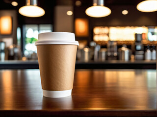 Close-up of a Paper Coffee Cup on a Bar Counter with Blurred Coffee Shop Backdrop - Perfect Mockup Inspiration.