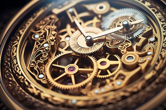 Intricate details of handcrafted mechanical watch movement with delicate gears and jewels