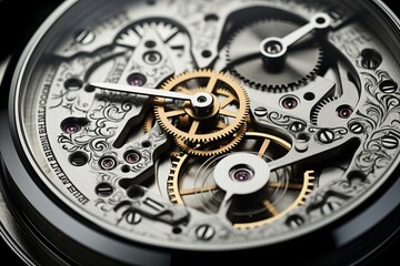 Masterfully handcrafted watch movement, showcasing intricate gears and jewels in mesmerizing detail