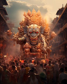 Indonesian Celebrations Lifestyle Nyepi, Hanuman Jayanti. Temple ritual dance at ceremony on religious holiday. Ethnic festivals, arts of Indonesian people