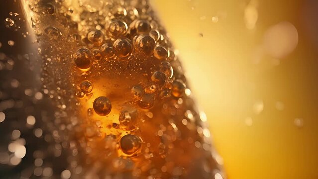Honeygold colored carbonated drops cascading down the side of a Coca Cola bottle in slow motion.