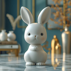 3d ornaments, rabbits and bunny in 3d shape, heart, gift & sphere in transparent glass, pink, with daylight 