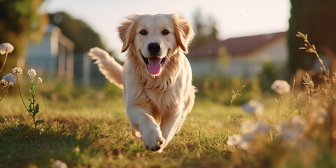 Happy cute golden retriever running smiling across green lawn