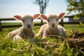Fototapeta premium two young lambs in field 