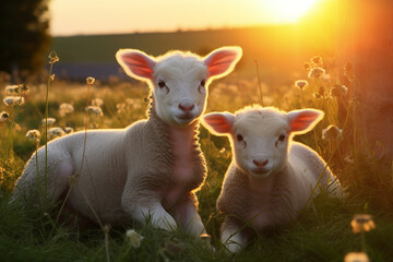 lambs in field at sunset 