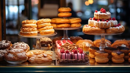 Sweet pastries with berries. Showcase in a candy store. Glass stand with cake eclairs and tartlets. refrigerator shelves with sweets. Confectioner's work space