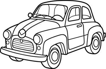 Retro-style cartoon car illustration, coloring page of a classic modern car, black and white outline, car vector icon