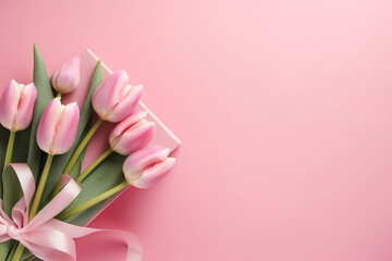pink tulips and gift box on pink background and copy space 