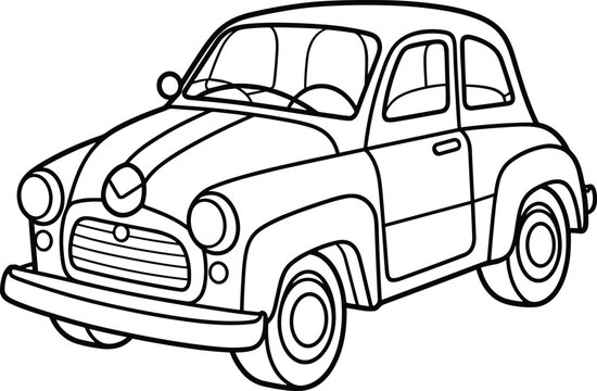 Retro-style cartoon car illustration, coloring page of a classic modern car, black and white outline, car vector icon